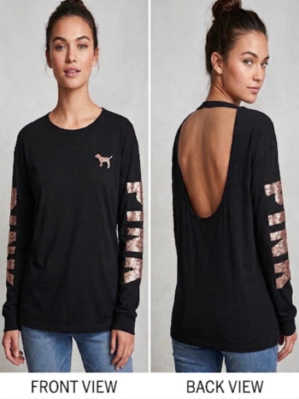 PINK Victoria's Secret Black Long-Sleeve Bling Tee with Rose Gold Sequin Accents